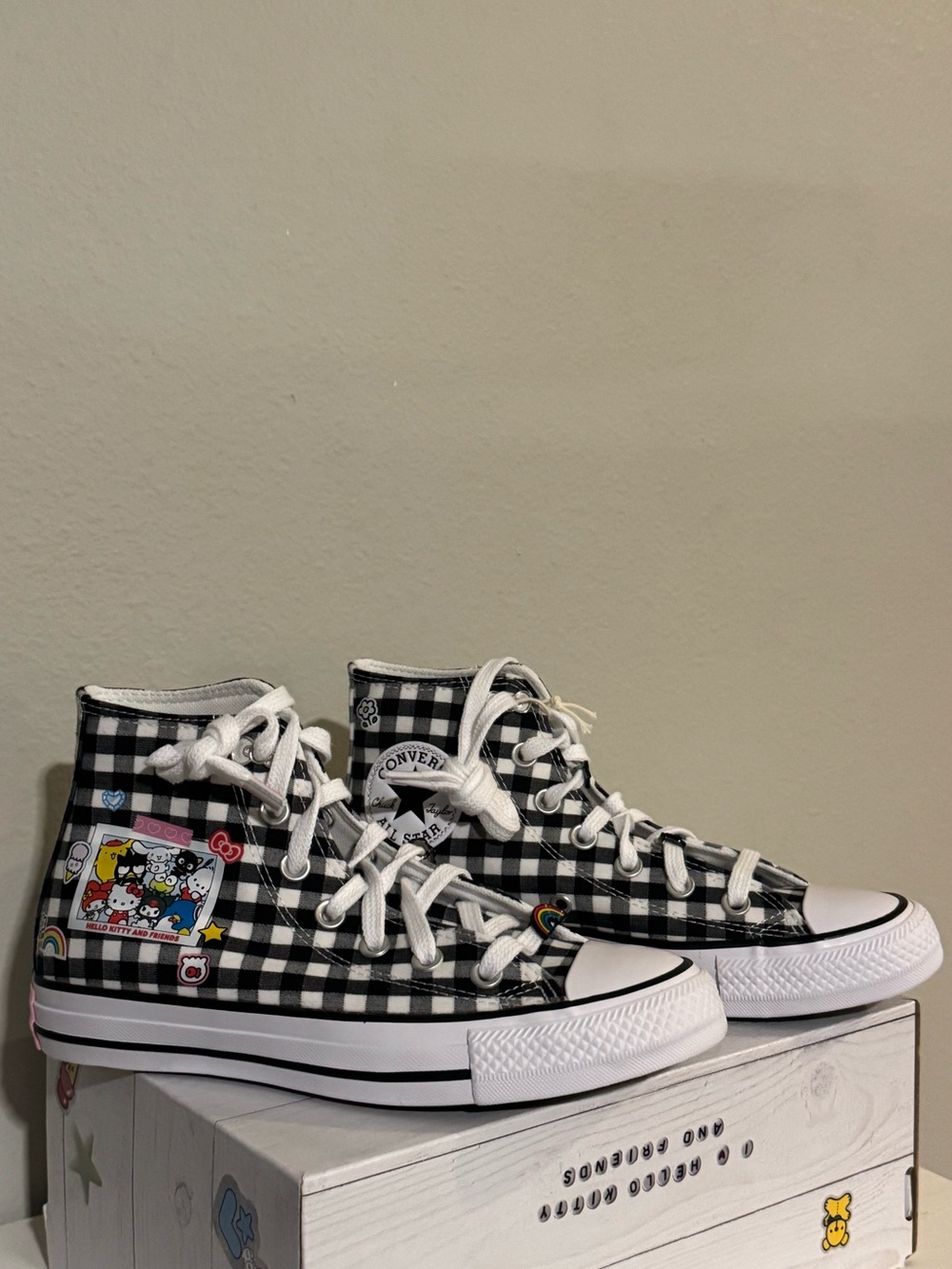 Converse Black & White Gingham Hi-Top Sneakers with Character Patch